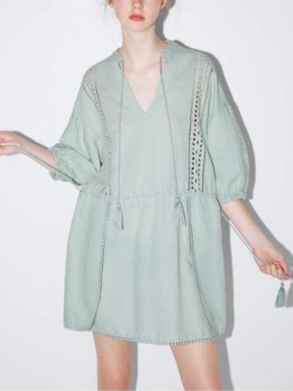 ZARA Sage Green Tassel Tie Waist Drawstring Eyelet Peasant Dress Size Large